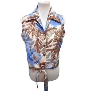 Selene Sport Womens Floral Tropical Tie Front Sleeveless Top Blue Tan Med VTG‎